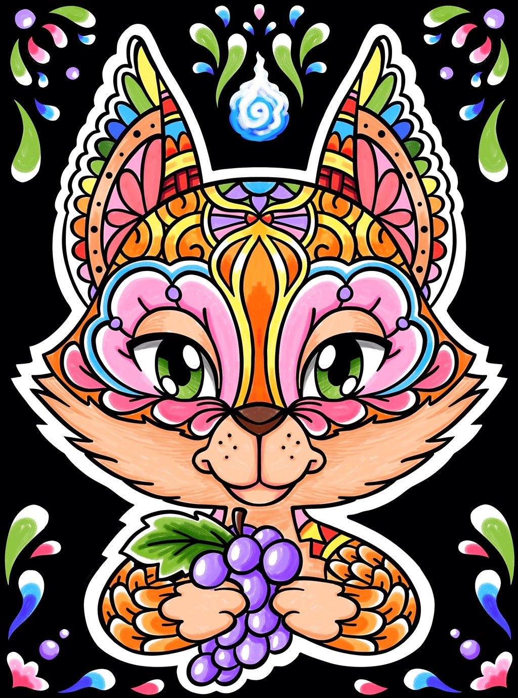 Photo d’un tableau à colorier en relief motif renard coloré tenant une grappe de raisin.