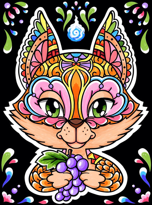 Photo d’un tableau à colorier en relief motif renard coloré tenant une grappe de raisin.