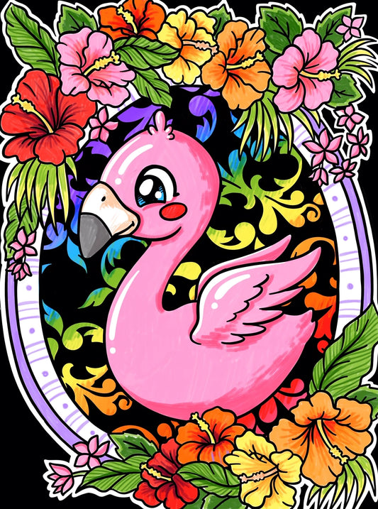 Photo d’un tableau à colorier en relief motif flamant rose entouré de fleurs tropicales colorées.