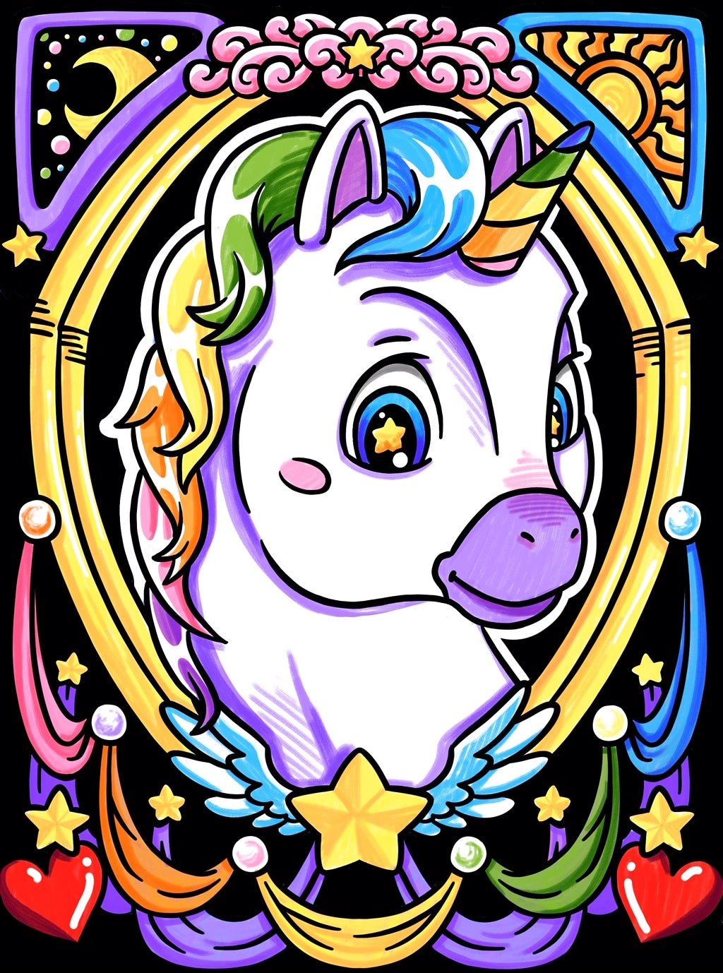 Photo d’un tableau à colorier en relief motif licorne magique avec crinière multicolore et décor étoilé.