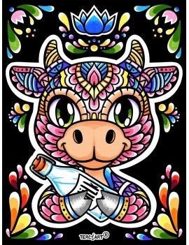 Photo d’un tableau à colorier en relief motif vache colorée avec bouteille de lait.