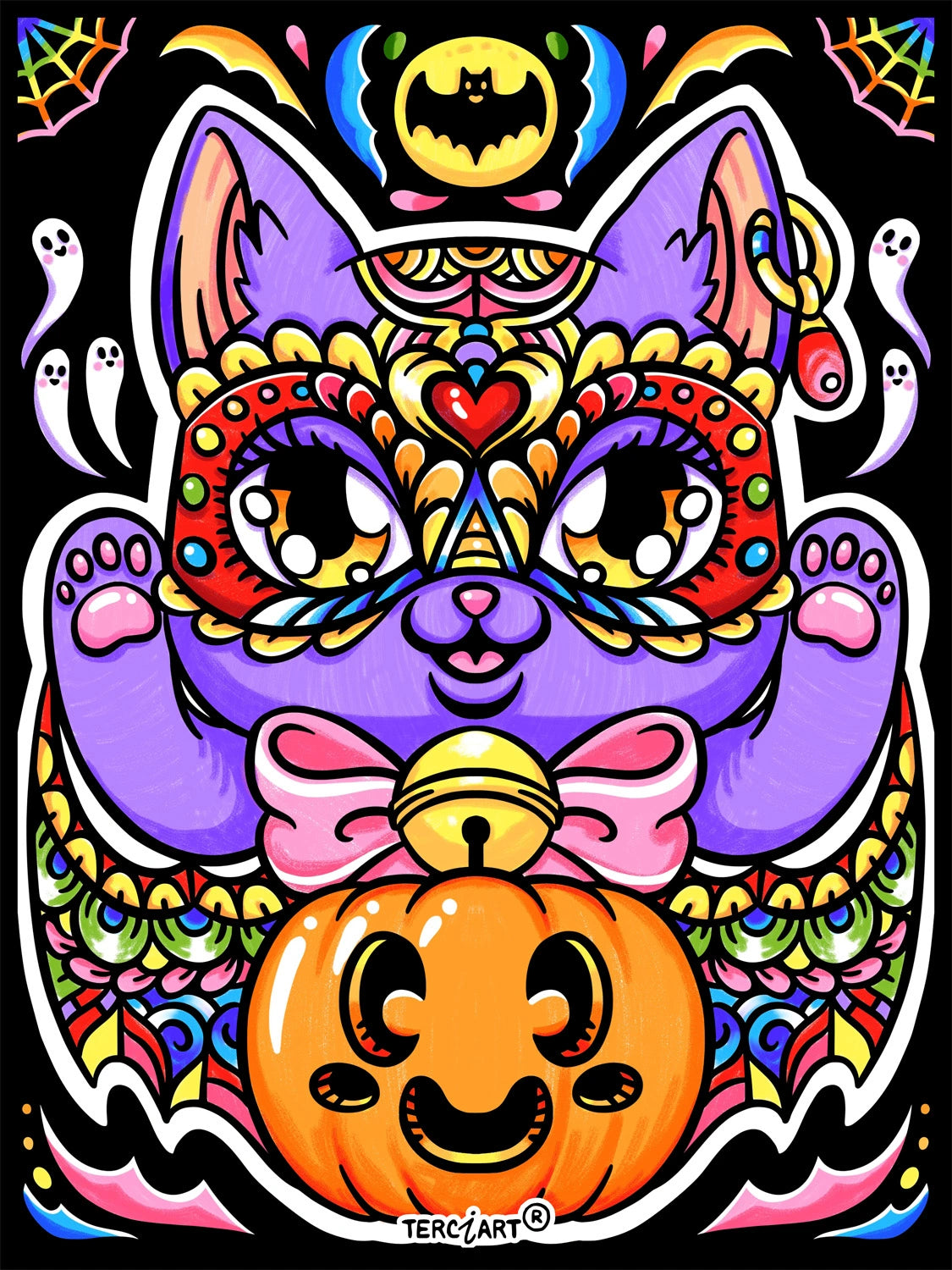 Photo d’un tableau à colorier en relief motif chat d’Halloween avec citrouille.