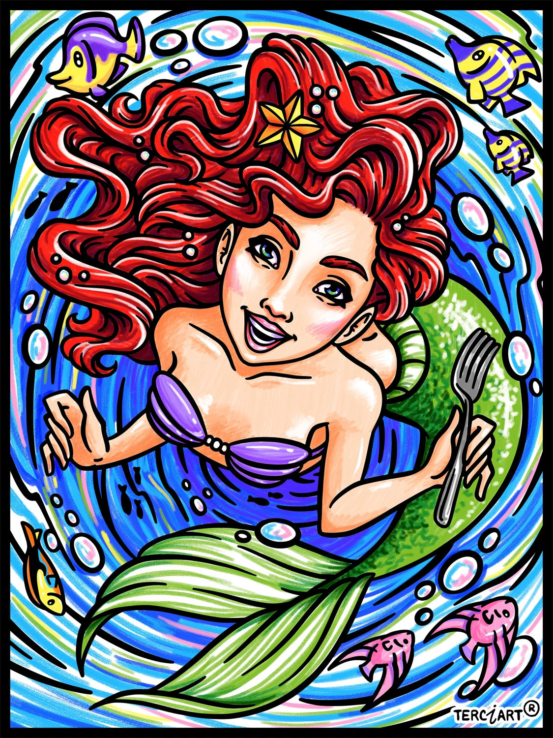 Photo d’un tableau à colorier en relief motif sirène sous la mer avec poissons.