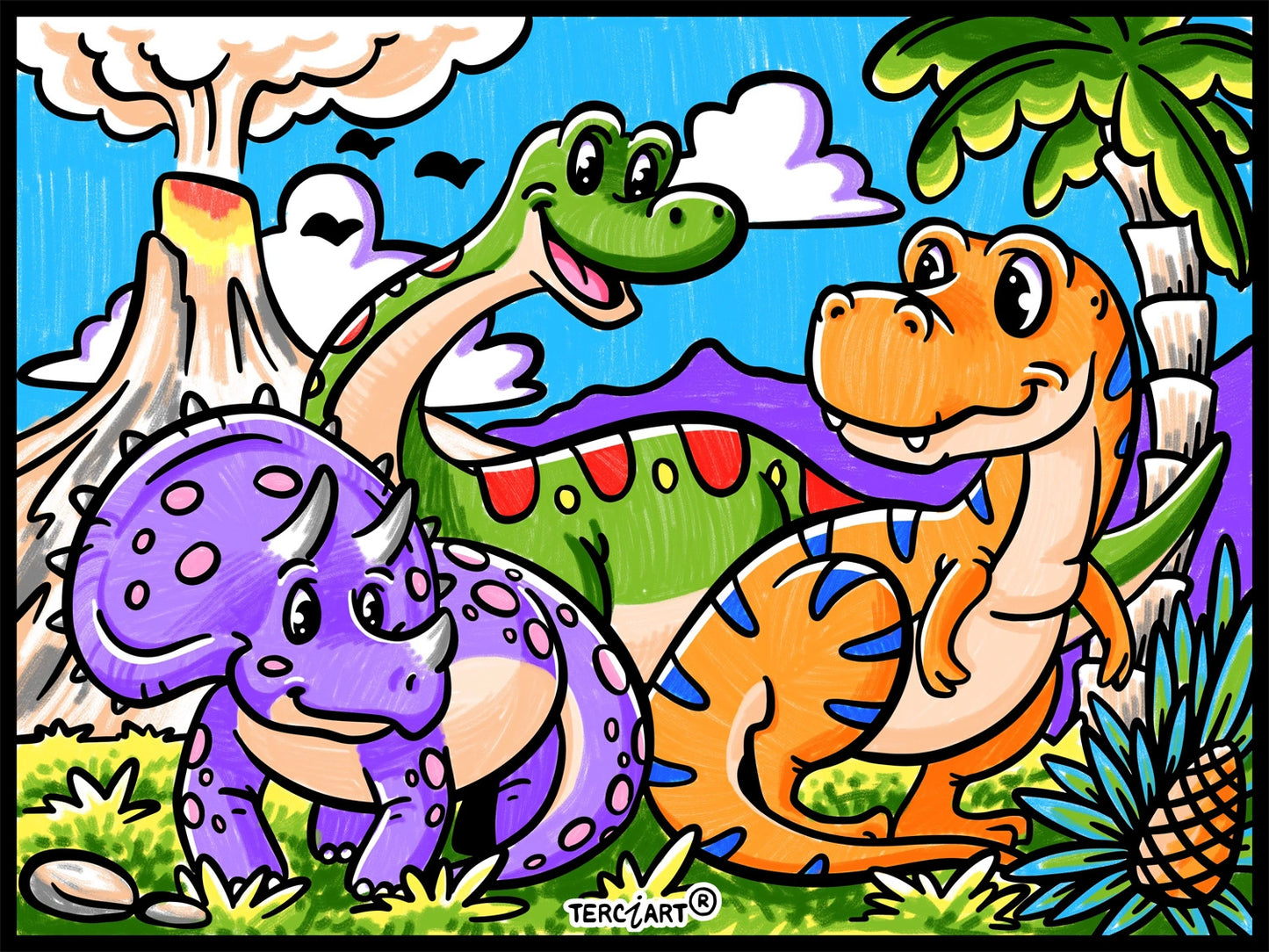 Photo d’un tableau à colorier en relief motif dinosaures amusants avec volcan et palmiers.