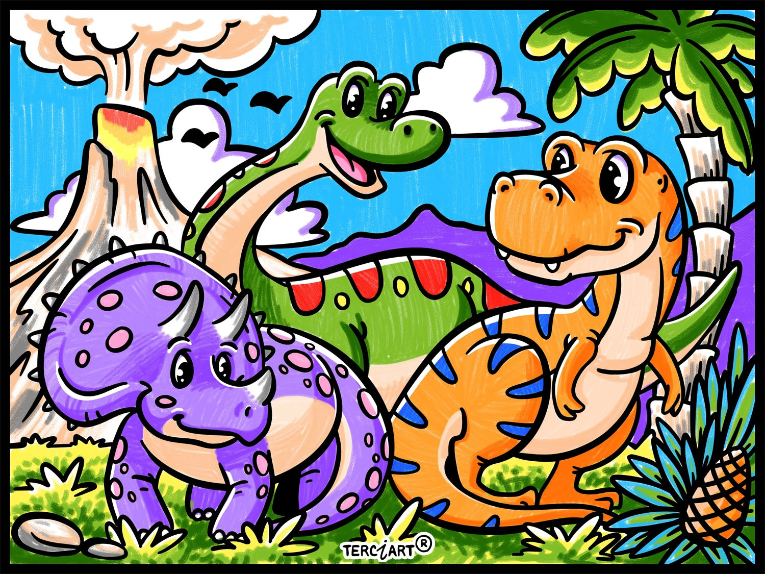 Photo d’un tableau à colorier en relief motif dinosaures amusants avec volcan et palmiers.