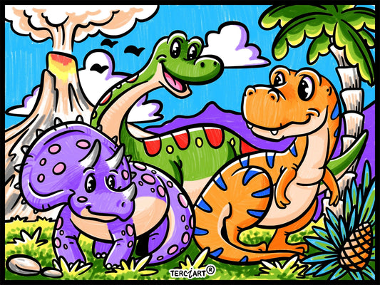 Photo d’un tableau à colorier en relief motif dinosaures amusants avec volcan et palmiers.