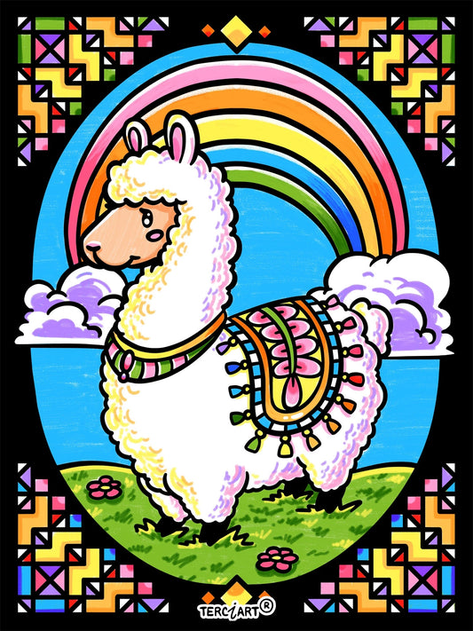 Photo d’un tableau à colorier en relief motif lama décoratif avec arc-en-ciel.
