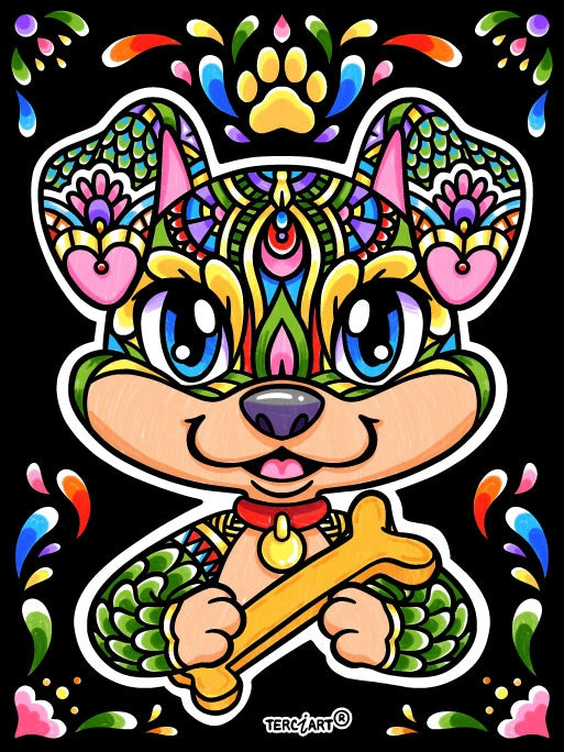 Photo d’un tableau à colorier en relief motif chien mandala coloré tenant un os.