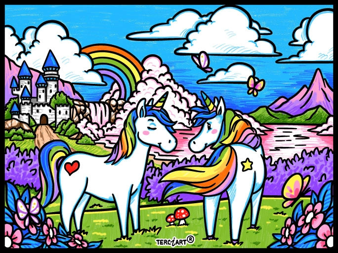 Photo d’un tableau à colorier en relief motif licornes arc-en-ciel dans un décor féerique.