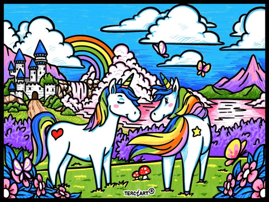 Photo d’un tableau à colorier en relief motif licornes arc-en-ciel dans un décor féerique.
