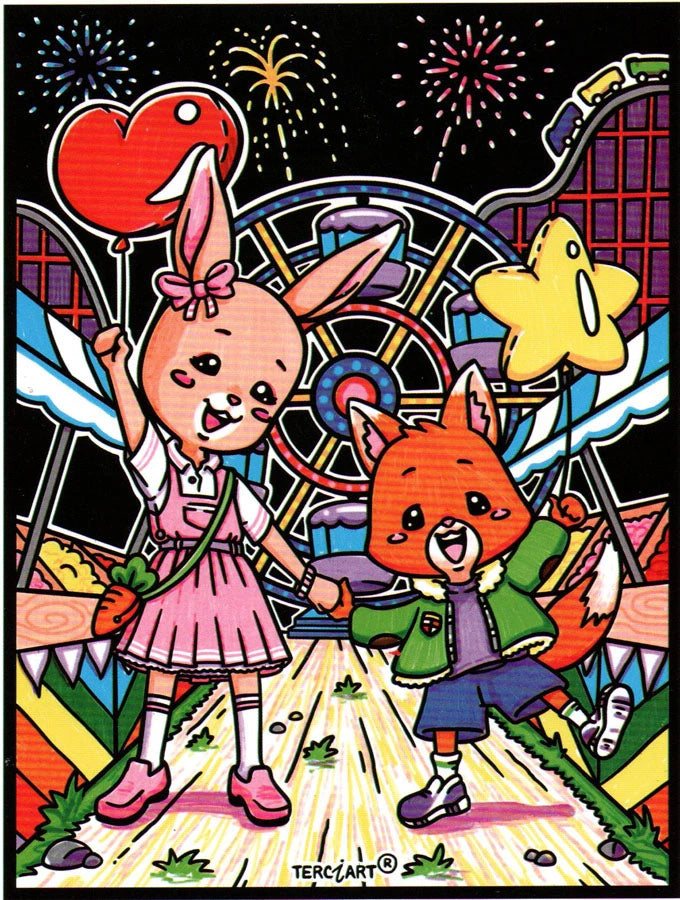 Photo d’un tableau à colorier en relief motif lapin et renard à la fête foraine.