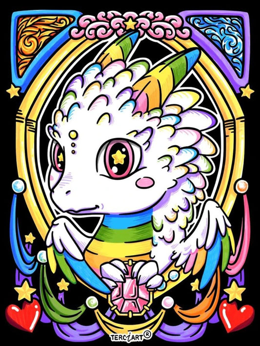 Photo d’un tableau à colorier en relief motif dragon blanc aux cornes multicolores entouré d’étoiles et de cœurs.