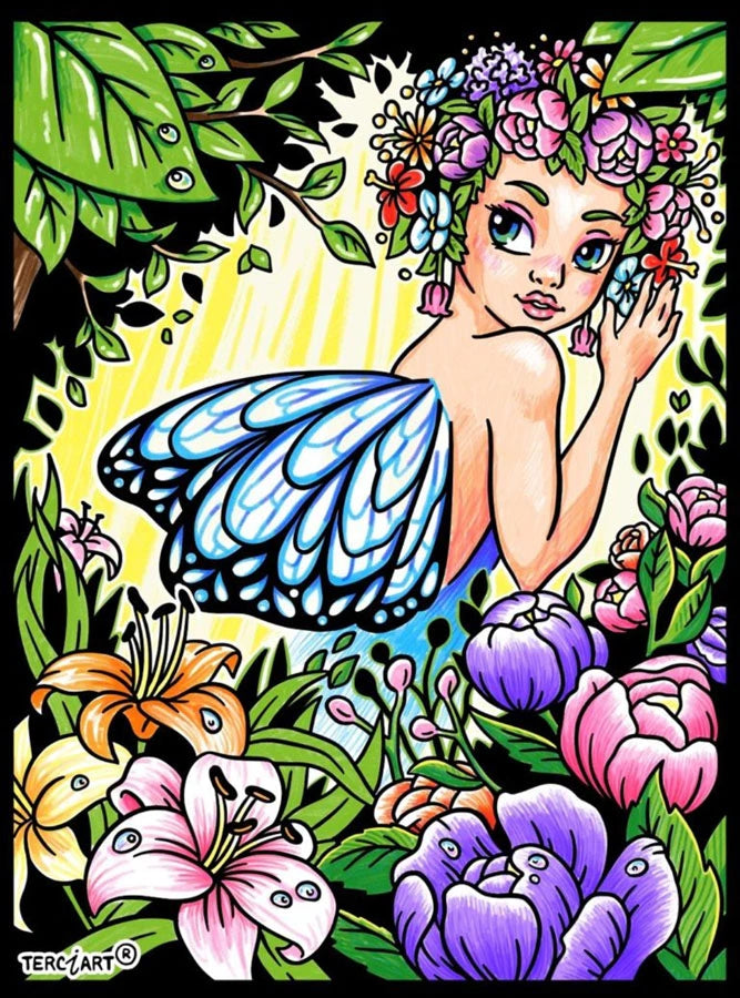 Photo d’un tableau à colorier en relief motif fée des fleurs dans un jardin coloré.