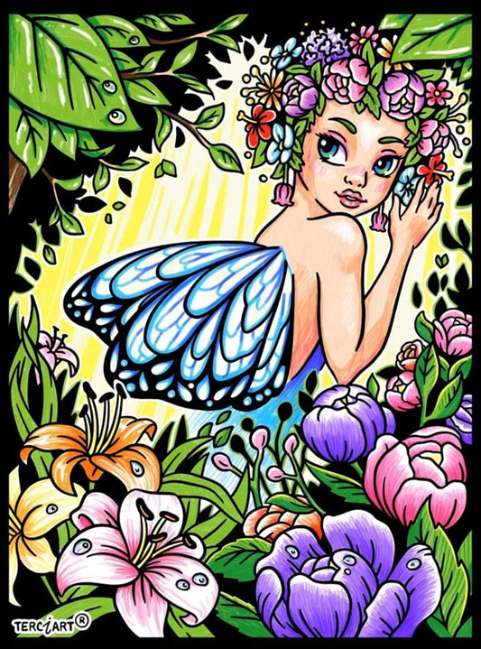 Photo d’un tableau à colorier en relief motif fée des fleurs dans un jardin coloré.