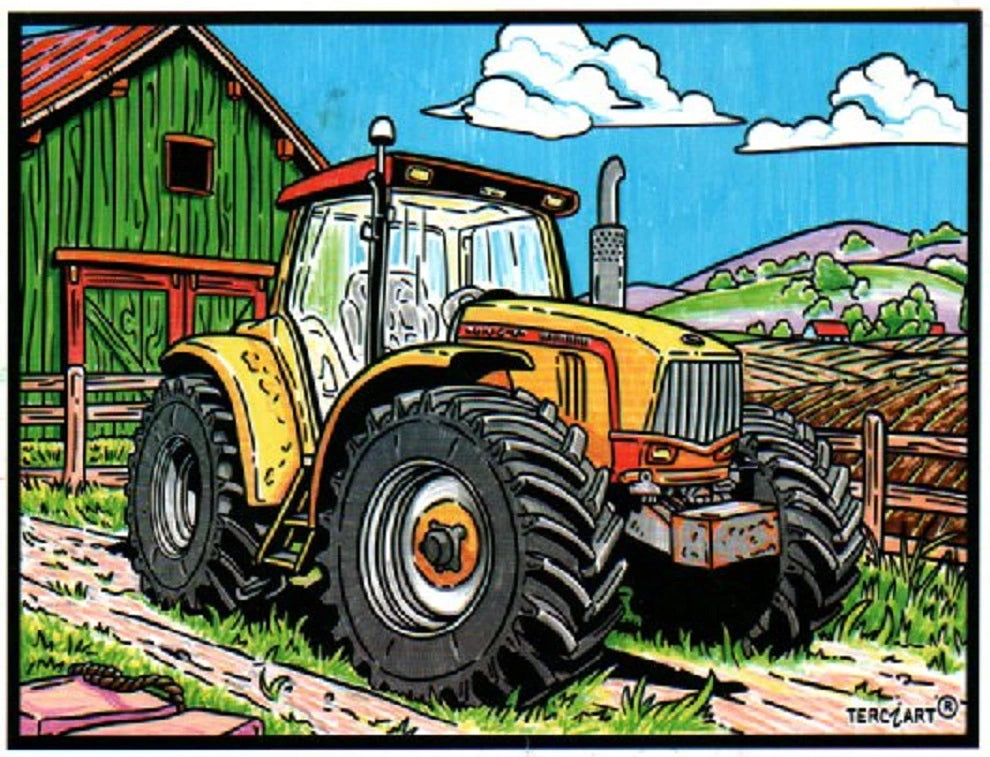 Photo d’un tableau à colorier en relief motif tracteur agricole devant une grange.