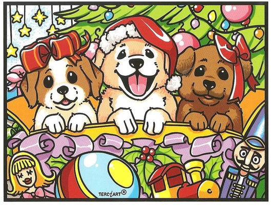 Photo d’un tableau à colorier en relief motif chiots de Noël avec sapin et jouets.
