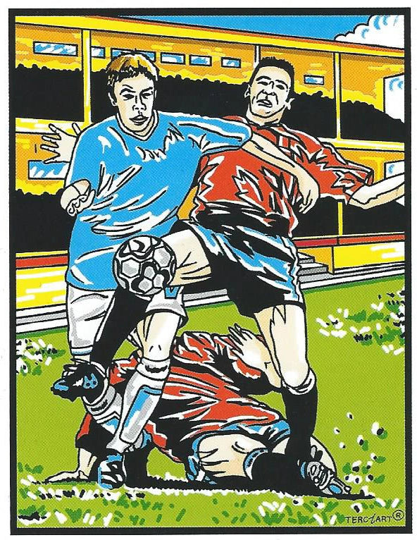 Photo d’un tableau à colorier en relief représentant un match de football avec des joueurs en action.
