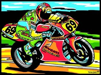 Photo d’un tableau à colorier en relief motif pilote de moto de course sur circuit.