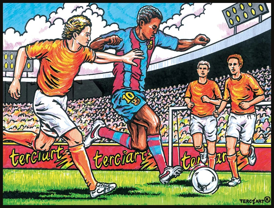 Photo d’un tableau à colorier en relief motif match de football avec joueurs et ballon.