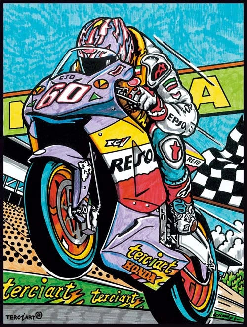 Photo d’un tableau à colorier en relief motif pilote de Moto GP en pleine course.