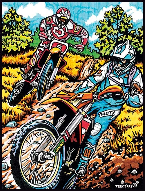 Photo d’un tableau à colorier en relief motif pilotes de motocross en pleine forêt.