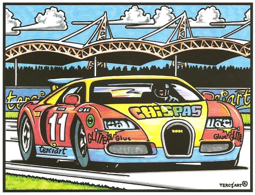 Photo d’un tableau à colorier en relief motif voiture de course sur circuit.