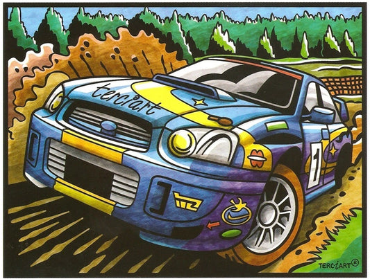 Photo d’un tableau à colorier en relief motif voiture de rallye sur piste de terre.