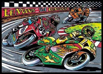 Photo d’un tableau à colorier en relief motif course de motos au Mans.