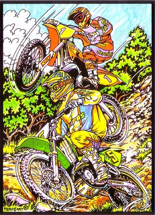Photo d’un tableau à colorier en relief motif course de motocross avec deux pilotes en action.