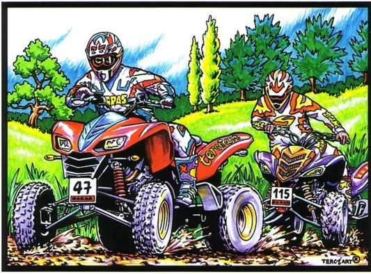 Photo d’un tableau à colorier en relief motif course de quads avec pilotes casqués.