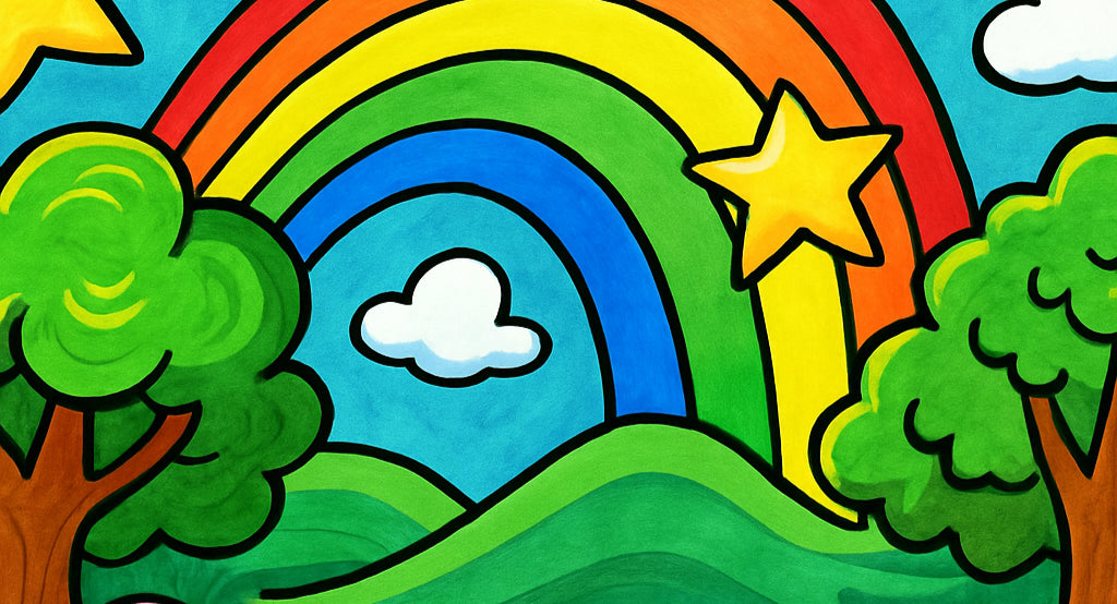 Illustration colorée représentant un paysage avec un arc-en-ciel multicolore, deux étoiles jaunes, des nuages blancs et des arbres verts sur des collines verdoyantes.
