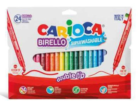 Photo d’une boîte de 24 feutres Carioca Birello Superwashable double pointe aux couleurs brillantes