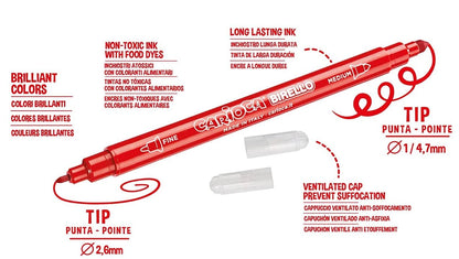 Gros plan d’un feutre Carioca Birello rouge double pointe avec détails techniques des pointes et de l’encre