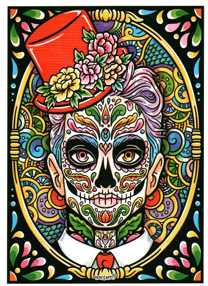 Photo d’un tableau à colorier en relief motif crâne mexicain avec chapeau rouge et fleurs.