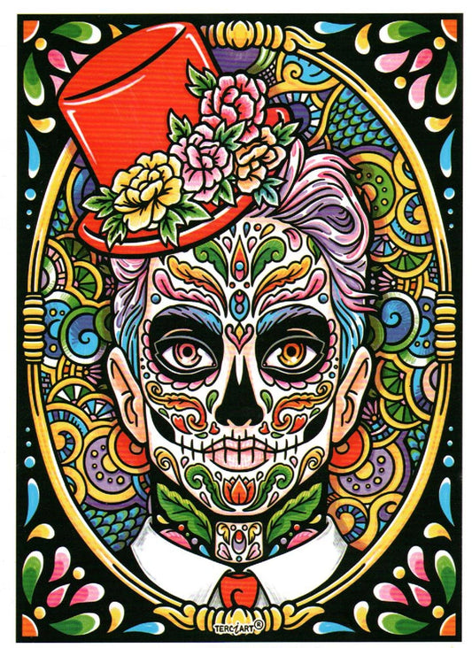 Photo d’un tableau à colorier en relief motif crâne mexicain avec chapeau rouge et fleurs.