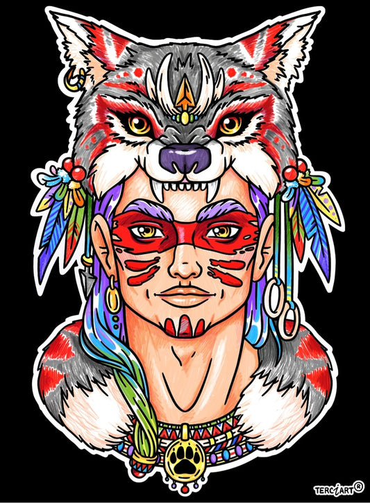 Photo d’un tableau à colorier en relief motif guerrier avec coiffe de loup et décor tribal.