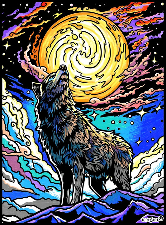 Photo d’un tableau à colorier en relief motif loup hurlant sous la pleine lune.