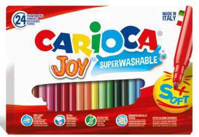 Photo d’une boîte de 24 feutres Carioca Joy Superwashable aux couleurs vives et lavables