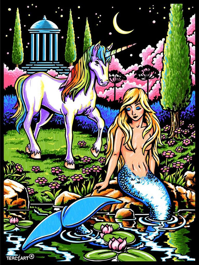 Photo d’un tableau à colorier en relief motif sirène et licorne dans un décor féerique.