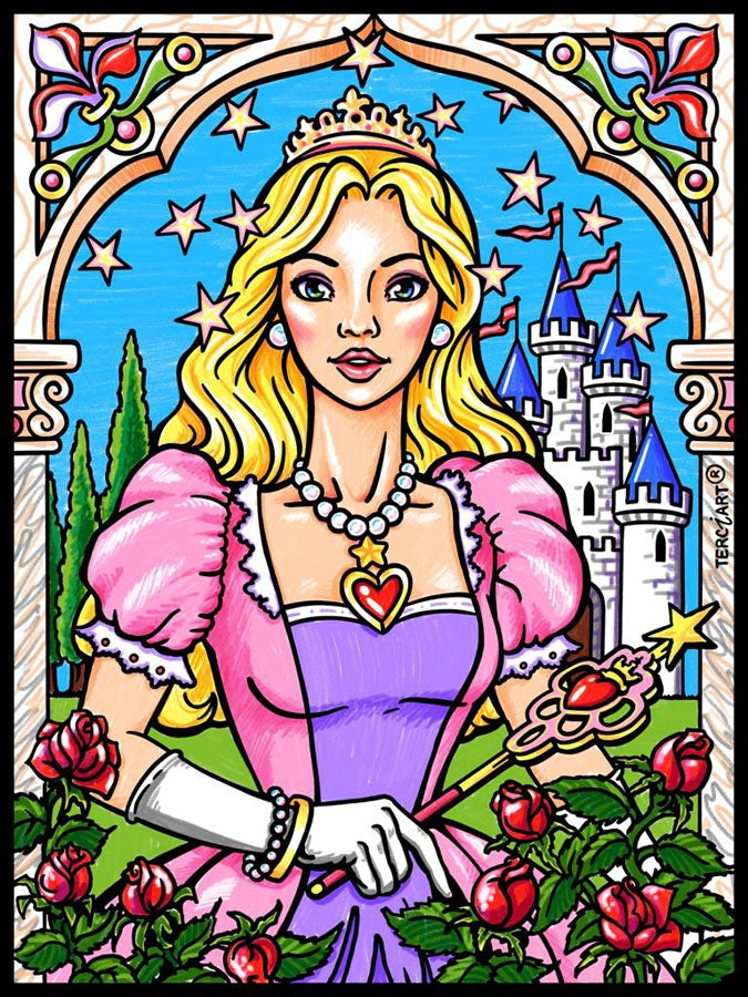 Photo d’un tableau à colorier en relief motif princesse devant un château, avec robe rose et baguette magique.