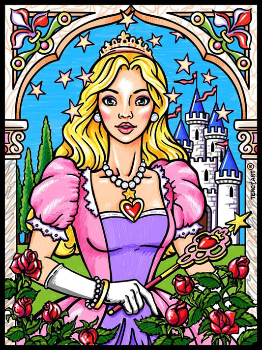 Photo d’un tableau à colorier en relief motif princesse devant un château, avec robe rose et baguette magique.