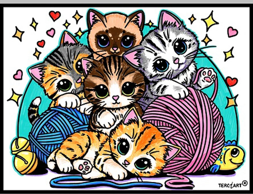 Photo d’un tableau à colorier en relief motif chatons jouant avec des pelotes de laine.