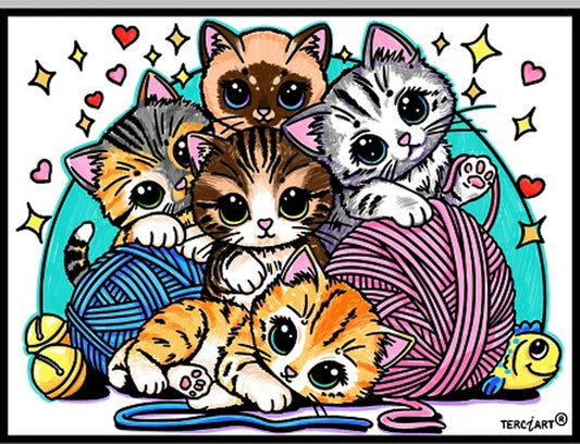 Photo d’un tableau à colorier en relief motif chatons jouant avec des pelotes de laine.
